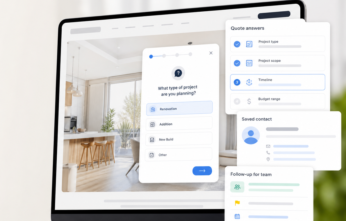 Guided quote request flow turning visitor answers into saved contact context and team follow-up cards